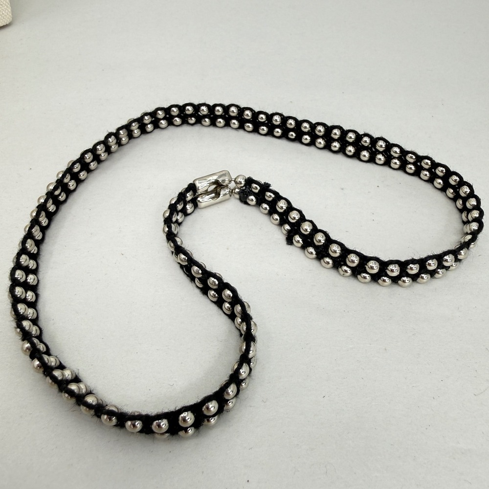 Double Ball Chain Black Cord Necklace Industrial Punk Modern Silver Tone